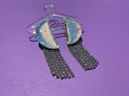 Kacey Silver Holographic Rhinestone Fringe Half Circle Studs