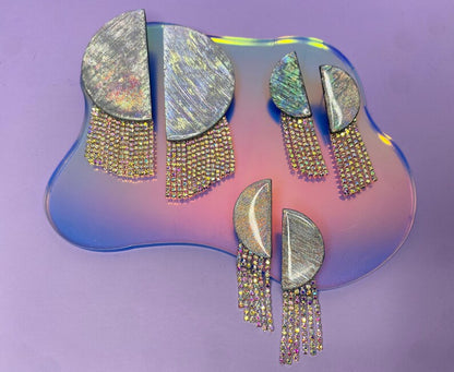 Kacey Silver Holographic Rhinestone Fringe Half Circle Studs